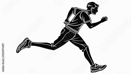 Vector illustration of a running man in black and white monochrome silhouette