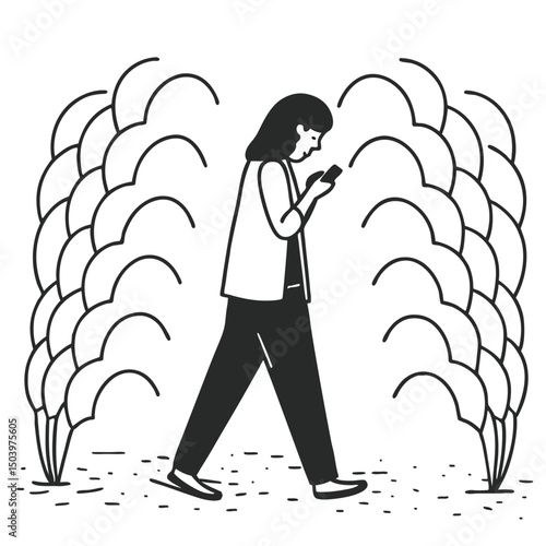 Woman walking and texting with abstract trees minimalist line art illustration