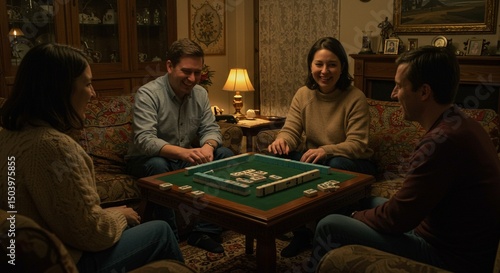 Family smiles plays mahjong tiles in living room interior together indoors