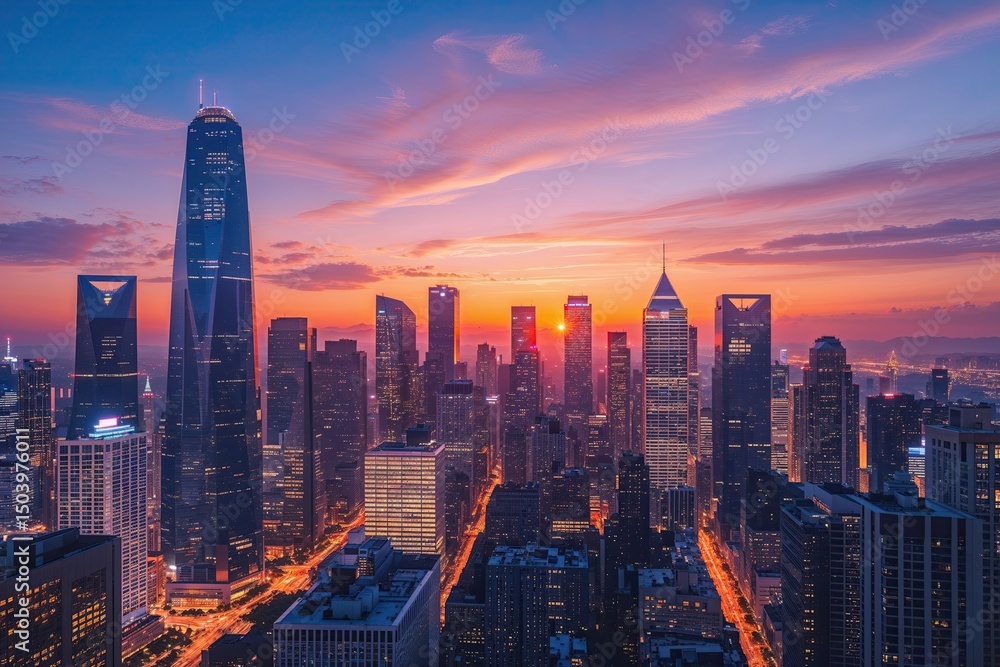 Fototapeta premium Stunning Urban Skyline at Sunset Featuring Modern Skyscrapers and Vibrant Nightlife