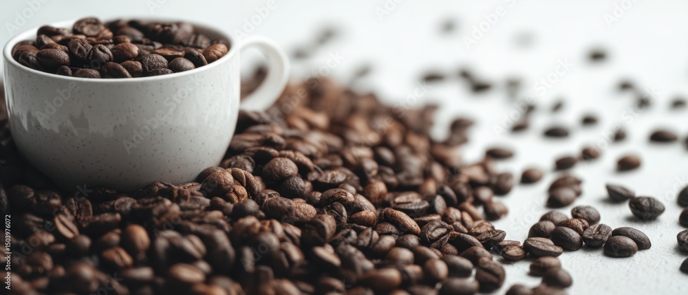 Fototapeta premium Aromatic Coffee Beans in a Speckled White Cup, Close-Up View