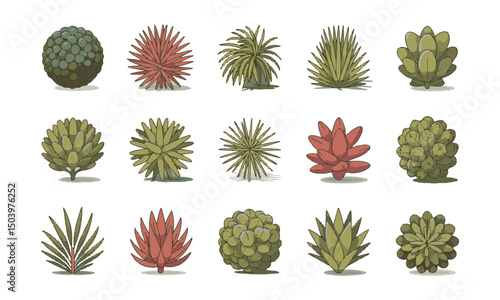 A collection of stylized vector bushes and ornamental plants arranged in a grid layout, easily editable and scalable.
