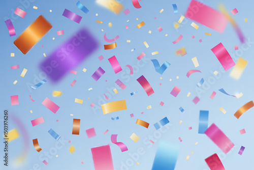 Pastel confetti falling against light teal background with soft blur and festive depth of field effect

