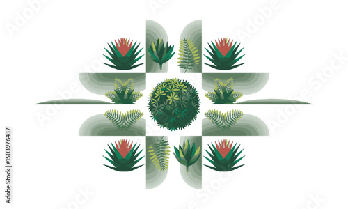 A collection of stylized vector bushes and ornamental plants arranged in a grid layout, easily editable and scalable.