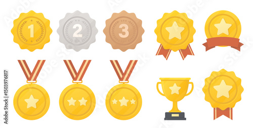 Set winner's prize medals, gold, silver, bronze, trophy cup. Championship, competition awards.