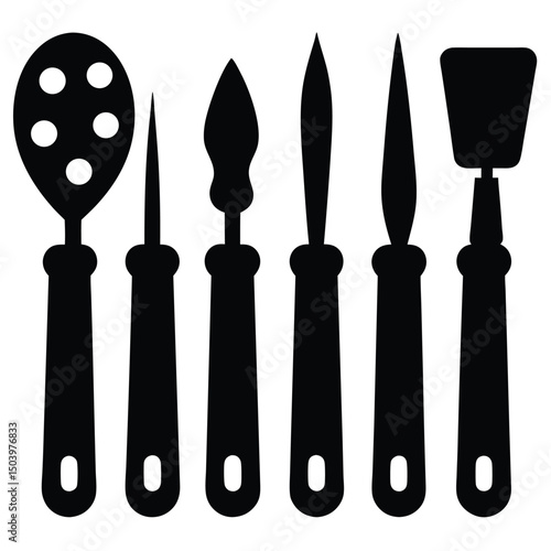 Silhouette of Kitchen Utensils Skimmer, Spatula, and Various Shaped Culinary Tools