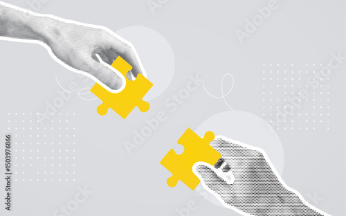 Hands connecting puzzle pieces. Concept of teamwork, partnership, cooperation, achieving goal success.
