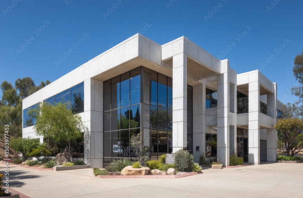 Fototapeta premium Modern White Office Building Exterior with Large Windows and Landscaping under a Bright Blue Sky