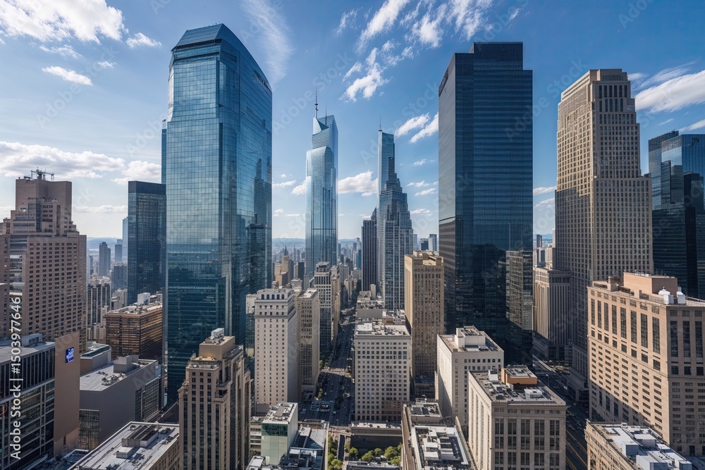 Fototapeta premium Stunning Ground-Level Perspective of Tall Skyscrapers in a Vibrant Urban Financial District