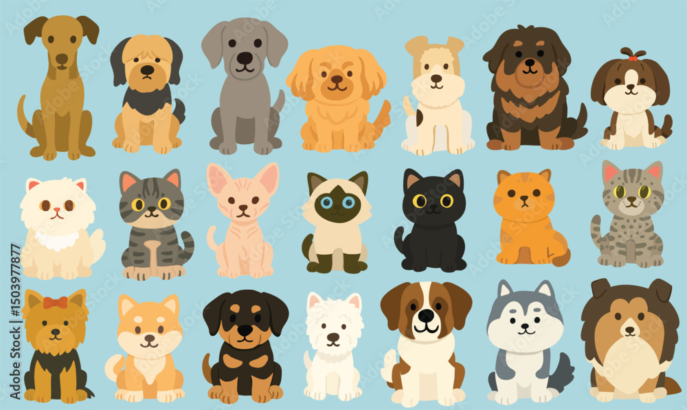 Cute Dogs and Cats Flat Illustration Set – Cartoon Pet Collection Cute Dogs and Cats Flat Illustration Set – Cartoon Pet Collection