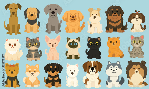 Cute Dogs and Cats Flat Illustration Set – Cartoon Pet Collection