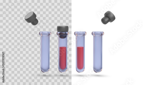 Medical Blood Tubes With Floating Caps And Liquid Samples On Transparent And White Background. Dynamic Laboratory Concept With Modern Minimal 3D Look. Vector Illustration.