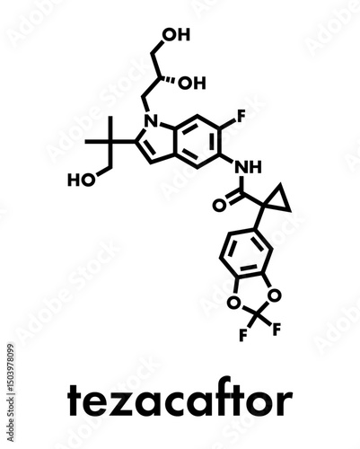 Tezacaftor cystic fibrosis drug molecule. Skeletal formula.