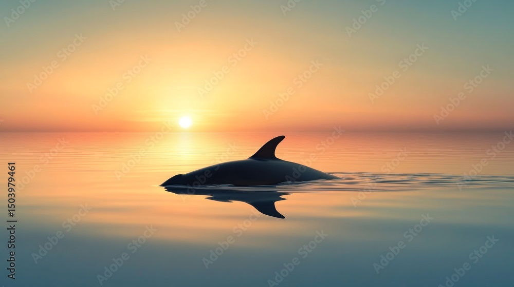 Fototapeta premium A tranquil scene of a whale swimming peacefully at dawn, with soft pastel colors reflecting on the water's surface, capturing the calmness of the early morning.