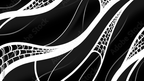 Dark abstract black and white web background with curved flowing lines – graphic comic-style design inspired by superhero and noir aesthetics