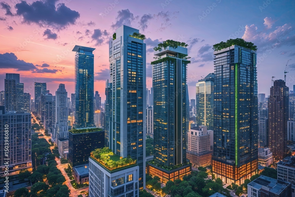 Fototapeta premium Sustainable Urban Skyscrapers with Rooftop Gardens at Dusk for Eco-Friendly Living