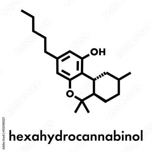 Hexahydrocannabinol (HHC) semi-synthetic cannabinoid drug molecule. Skeletal formula.