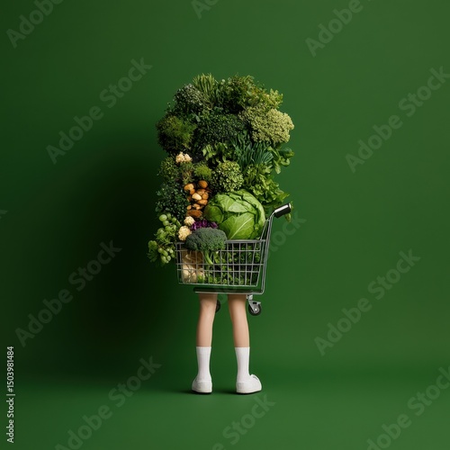 Woman with Shopping Cart Filled with Fresh Vegetables on Green Background