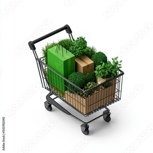 Shopping Cart Filled with Green Plants and Eco-Friendly Products