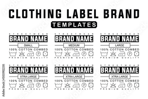 Editable Streetwear Clothing Label Template. Unisex Apparel Tags with Sizes and Custom Brand Design