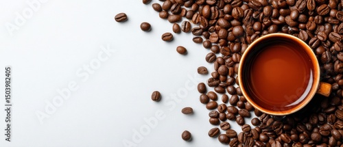 Aromatic Coffee Cup Surrounded by Roasted Beans on White Background – High-Angle View