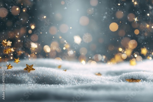 Sparkling Gold Stars on Glittering Snow with a Magical Bokeh Background, Perfect for Festive Holiday Designs