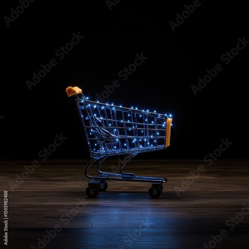 Shopping Cart with Decorative Lights Against Dark Background