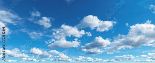 Bright Blue Sky with Scattered Cumulus Clouds, a Panoramic View of a Sunny Day