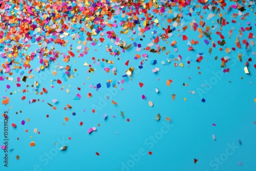 Colorful Confetti Scattered on a Vibrant Blue Background, Festive Celebration Texture