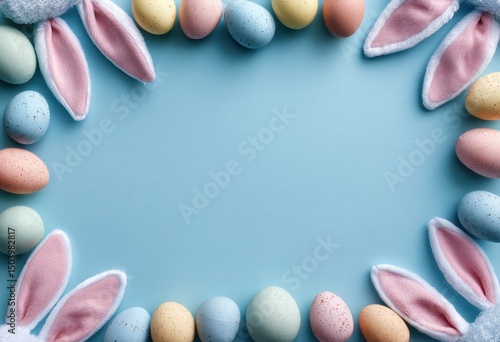 Pastel Easter Eggs and Bunny Ears Frame on Light Blue Background