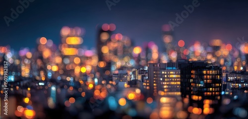 Night Cityscape Bokeh Lights and Illuminated Buildings at Dusk