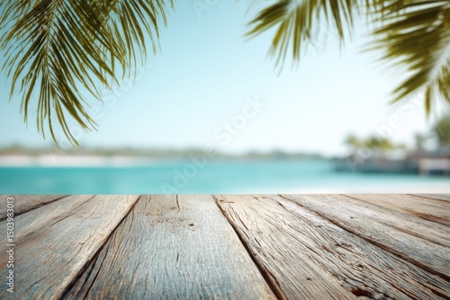 Rustic Wooden Tabletop Over Blurred Tropical Beach Scene with Palm Fronds