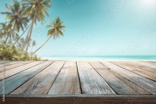 Tropical Beach Scene with Wooden Deck Summer Vacation Background Image