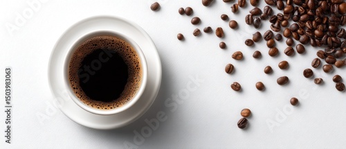 Aromatic Black Coffee in White Cup with Scattered Coffee Beans on White Background