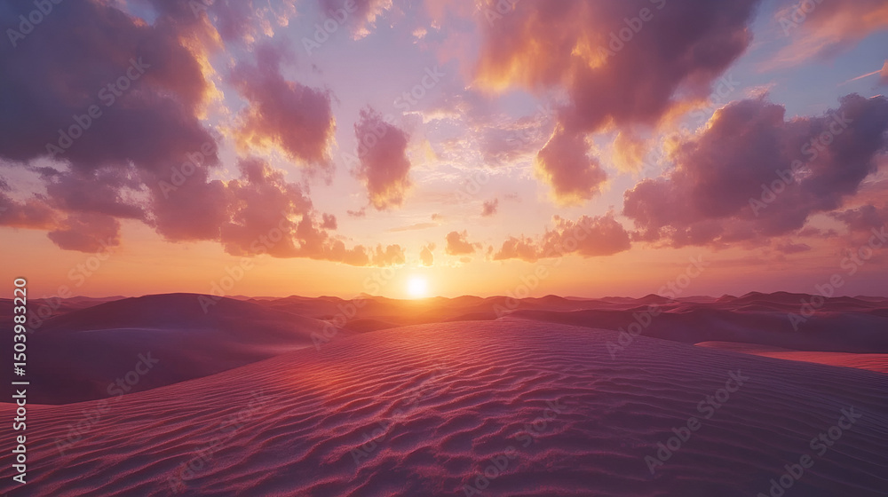 Fototapeta premium Sunset over a landscape with rippling sand dunes and skies