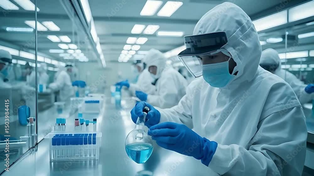 Lab researchers working on vaccine research in cleanroom with ...