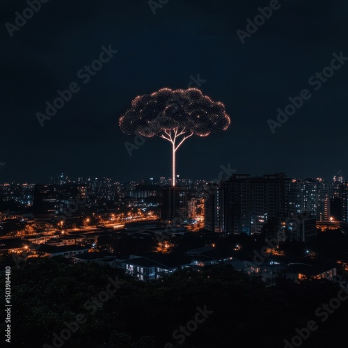 Glowing Tree Structure Illuminates Cityscape at Night