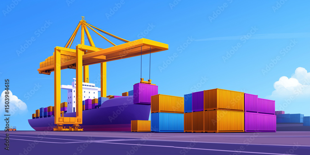 Fototapeta premium Cargo ship loading containers at port with bright blue sky