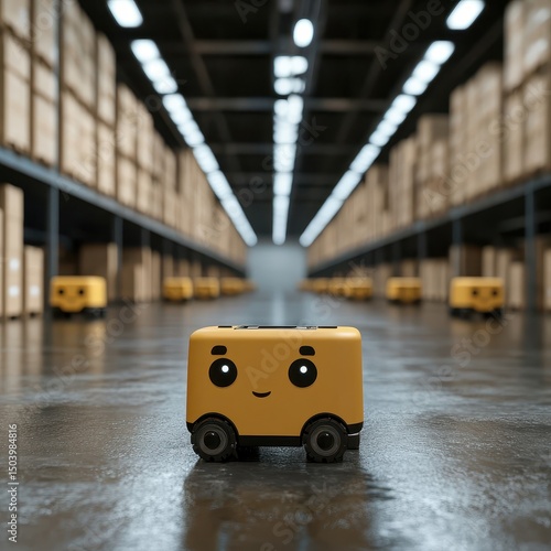 Cute Delivery Robot in Warehouse with Shelves and Boxes