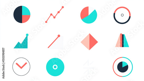 Free Download A set of minimalist flat business icons in vector style in bright cyan, coral and teal colors on white background, designed for corporate themes such as finance, technology and analytics. - GFXLoad