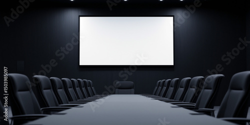 Elegant conference room with table chairs and blank presentation screen