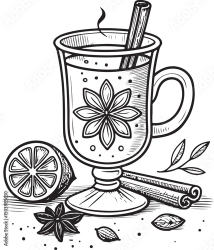 Hot toddy, Mulled Wine, Glühwein, Vector Illustration, Sketch Drawing Line Linear Symbol Icon Engraving Coloring Book, Hand-drawn Black and White Isolated