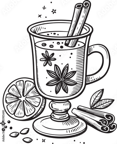 Hot toddy, Mulled Wine, Glühwein, Vector Illustration, Sketch Drawing Line Linear Symbol Icon Engraving Coloring Book, Hand-drawn Black and White Isolated