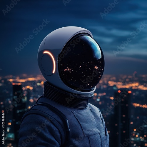 Astronaut with Cosmic Reflection in Helmet Over City Nightscape