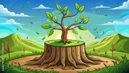 In the middle of a rotting stump, a young tree rises with hope and vibrant growth