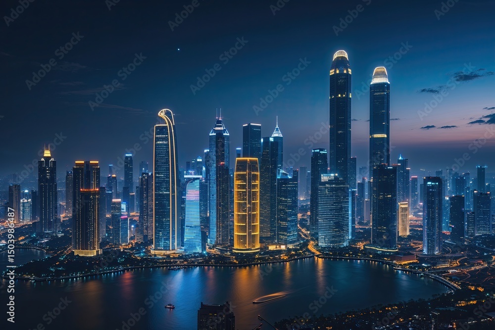 Fototapeta premium Metropolitan Skyline at Night Exploring Illuminated Modern Skyscraper Design