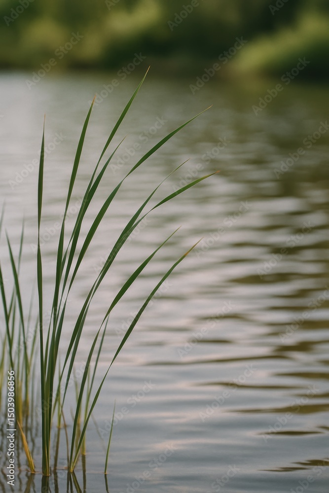 Tranquil lake scene with tall grass blades and rippling water surface Tranquil lake scene with tall grass blades and rippling water surface