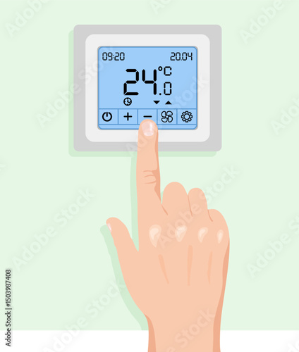 Modern digital touchscreen thermostat. The person's hand presses the temperature and climate control button. Information on the electronic display. Smart home device on a wall. Cost saving