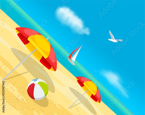 Summer beach background. Sea, sand, beach umbrellas. An unusual perspective