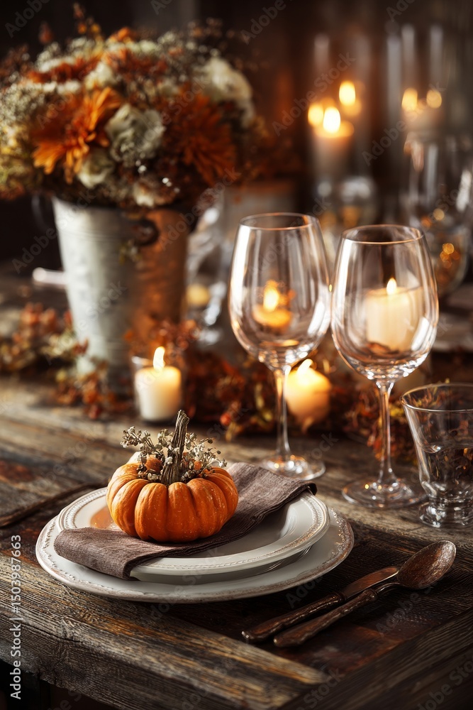 Obraz premium Cozy Autumn Dinner Table Setting With Pumpkins and Candles for a Festive Gathering